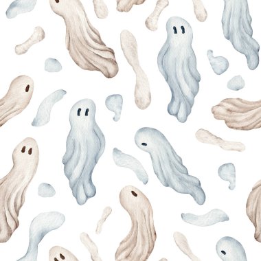 Şirin Bez Hayaletleri. Suluboya lekeli hayaletlerin cadılar bayramı deseni. Duvar kağıdı, afiş, tekstil, kartpostal veya ambalaj kağıdı için kullan