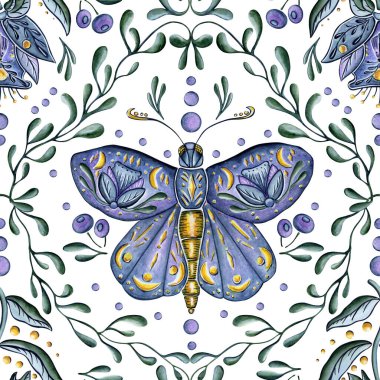 Halk Çiçekleri ve Kelebekler Şablonu. Şam tarzı, dekoratif ay kelebeklerinin, çiçeklerin ve yaprakların kusursuz deseni. Duvar kağıdı, afiş, tekstil, kartpostal ya da ambalaj kağıdı için elle çizilmiş resimler