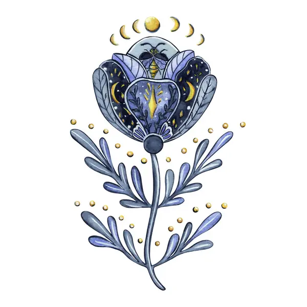 Stars and Moon Folk Flower. Dark blue moon and beetle flower in gouache and watercolor. Hand-drawn  illustration  for wallpaper, banner, textile, postcard or wrapping paper