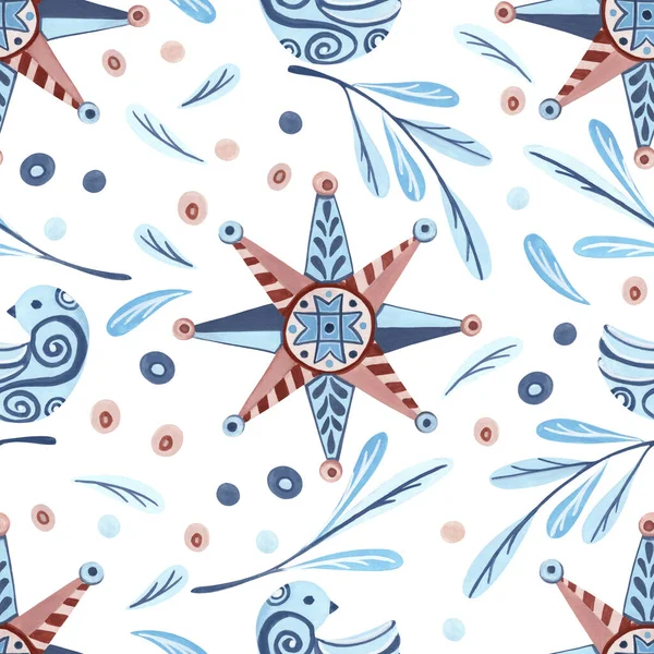 Christmas Star and Bird Pattern. Seamless pattern of various folk elements including berries, leaves, birds and stars in pink and blue. Hand-drawn gouache illustration  for wallpaper, banner, textile, postcard or wrapping paper