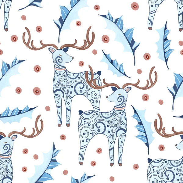 Deer and Holly Folk Pattern.  Seamless pattern of deers decorated with folk swirls and holly leaves with berries. Hand-drawn gouache illustration  for wallpaper, banner, textile, postcard or wrapping paper
