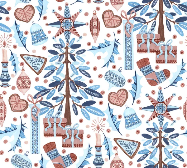 Presents under the Christmas Tree Pattern. Half drop folk pattern of decorated Christmas trees, gifts, cookies and holly leaves. Hand-drawn gouache illustration  for wallpaper, banner, textile, postcard or wrapping paper