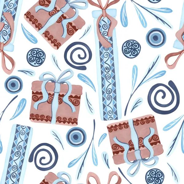 Gifts and Leaves Folk Pattern. Seamless pattern of pink and blue gift boxes and leaves with swirls.  Hand-drawn gouache illustration for wallpaper, banner, textile, postcard or wrapping paper