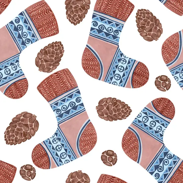 Stockings Folk Pattern. Seamless pattern of stockings and pinecones in folk style. Hand-drawn gouache illustration for wallpaper, banner, textile, postcard or wrapping paper