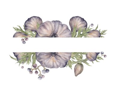 Brownie Anemone ve Violet Berries Kesme Çerçevesi. Davetiyeler, kartpostallar ve diğer kırtasiyeler için romantik suluboya çerçevesi