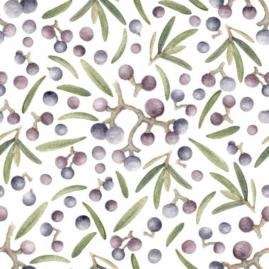 Mor Böğürtlenler ve Heather Tertemiz Yapraklar. Duvar kağıdı, afiş, tekstil, kartpostal veya ambalaj kağıdı için el yapımı botanik suluboya çizimi