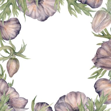 Anemone Square Frame 'de. Brownie anemone çiçekleri ve yapraklı tomurcuklar. Davetiyeler, kartpostallar ve diğer kırtasiyeler için suluboya kompozisyonu