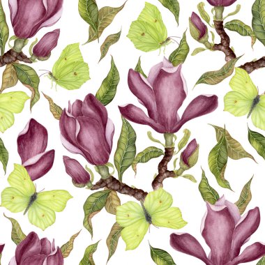 Manolya ve Kelebek Kusursuz Şablon. Klasik natüralist çizimlerden esinlenilmiştir. Duvar kağıdı, afiş, tekstil, kartpostal veya ambalaj kağıdı için suluboya