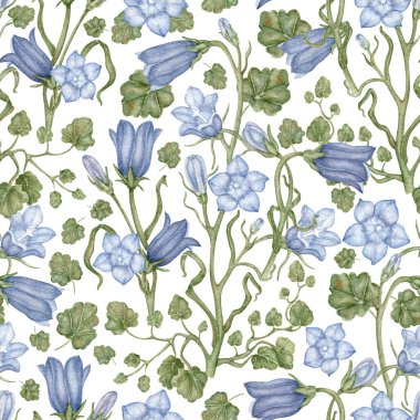 BlueBell Çiçekleri, Yapraklar, Köksüz Şablon. Duvar kağıdı, afiş, tekstil, kartpostal veya ambalaj kağıdı için el yapımı botanik illüstrasyon