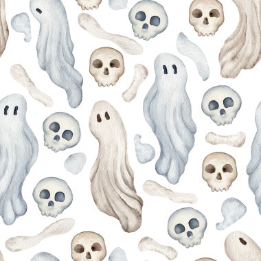 Hayalet ve Kurukafa Düzeni. Suluboya sis lekeleri içinde hayaletler ve kafatasları. Duvar kağıdı, afiş, tekstil, kartpostal veya ambalaj kağıdı için kullan