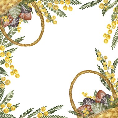 Paskalya Sepeti, Pysankas ve Mimosa Meydanı Çerçevesi. Mimoza ve Paskalya özelliklerinin botanik suluboya çizimi. Bahar temalı duvar kağıtlarınız, afişleriniz, tekstil ürünleriniz, kartpostallarınız ya da ambalaj kağıtlarınız için mükemmel.