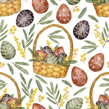 Pysankas ve Mimosa Tertemiz desenli Paskalya Sepeti. Paskalya yumurtaları, mimoza yaprakları ve çiçeklerin şenlikli suluboya desenleri. Duvar kağıdı, pankart, tekstil, kartpostal veya ambalaj kağıdı için Paskalya temalı kültürel projelerde kullanın.