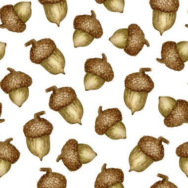 Suluboya, dikensiz palamut deseni. Beyaz arka planda koyu kahverengi tonlarda suluboya palamutlarının kusursuz deseni. Sonbahar kumaşı, kırtasiye ve eko-temalı ambalaj için ideal