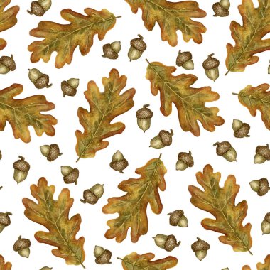 Suluboya meşe yaprağı ve dikişsiz palamut deseni. Altın sonbahar renklerinde suluboya meşe yaprakları ve meşe palamudu. Paketleme, kumaş ve mevsimlik el sanatları için uygun.