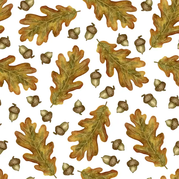 Suluboya meşe yaprağı ve dikişsiz palamut deseni. Altın sonbahar renklerinde suluboya meşe yaprakları ve meşe palamudu. Paketleme, kumaş ve mevsimlik el sanatları için uygun.