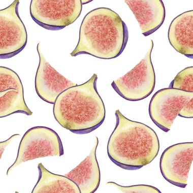 Dilimlenmiş taze incirlerin kusursuz suluboya deseni. Elle boyanmış, içi parlak pembe incirlerle dolu. Tekstil baskısı, ambalaj, mutfak dekorasyonu veya kırtasiye malzemesi için ideal