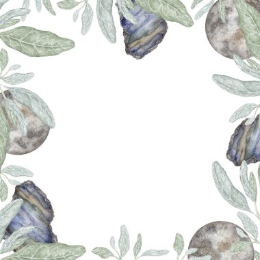 Zarif Sage ve Labradorite Frame Mistik Ay Sınırı. Yeni Ay 'daki berraklık ve dönüşümün sembolü. Davetiyeler, ruhani kırtasiye, ezoterik markalaşma, mistik tasarım