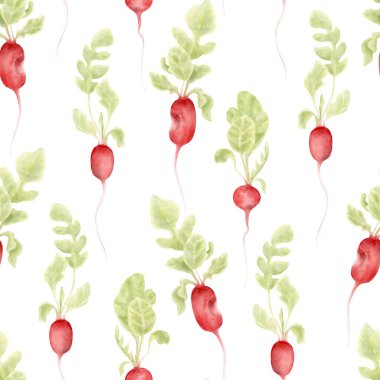 Dikey Suluboya Turp Sebzesi Kusursuz Desen. Kırmızı turplu ve yeşil yapraklı şirin bir desen. Kırsal tekstil için mükemmel, çiftlik evi mutfak dekorasyonu, çevre dostu ambalaj, organik markalaşma