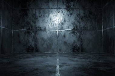 Metal arka planı olan karanlık bir oda. 3d oluşturma