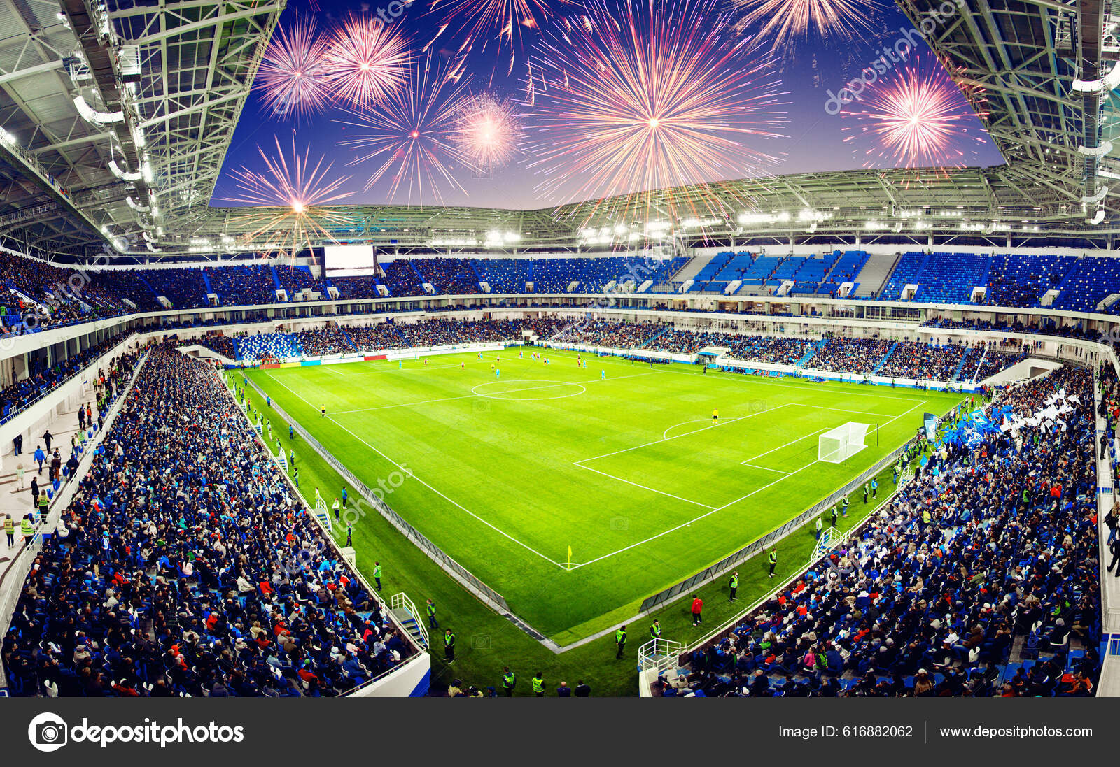 Football Stadium Shiny Lights View Field Soccer Concept Stock Photo by