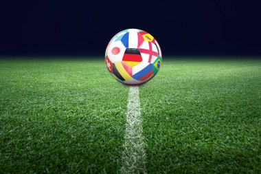 Futbol stadyumu, parlak ışıklar, saha manzarası. Futbol konsepti