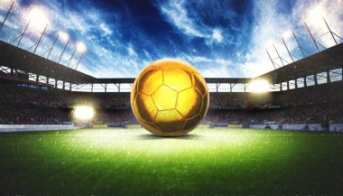 Futbol stadyumu, parlak ışıklar, saha manzarası. Futbol konsepti