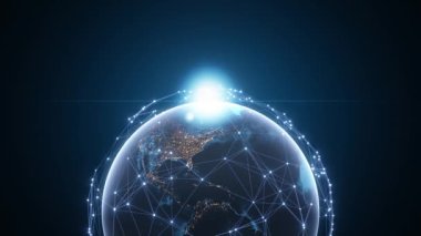 Üç boyutlu animasyondaki teknolojik toprak küreselleşmesi. Dönen gezegende Global Business noktaları.