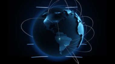 Üç boyutlu animasyondaki teknolojik toprak küreselleşmesi. Dönen gezegende Global Business noktaları.