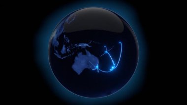 Tech earth globalization in 3d animation. Global Business dots on rotating planet.