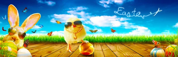 Easter Decoration Cool Chicken Easter Holiday Concept — Stock Photo, Image