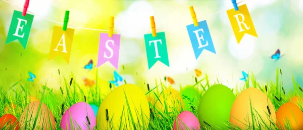 Osterkomposition Mit Eiern Festliche Dekoration Frohe Ostern — Stockfoto