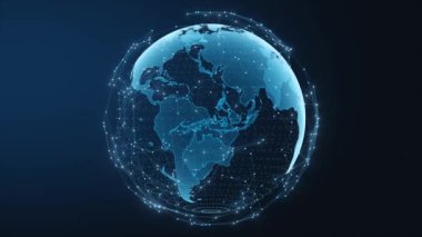 Tech earth globalization in 3d animation. Global Business dots on rotating planet.
