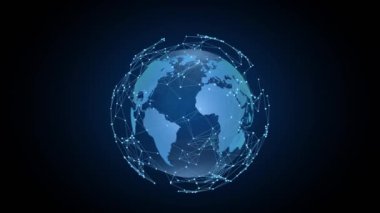 Tech earth globalization in 3d animation. Global Business dots on rotating planet.