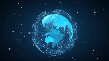 Üç boyutlu animasyondaki teknolojik toprak küreselleşmesi. Dönen gezegende Global Business noktaları.