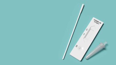 Covid hızlı antijen burun testi. Evde ya da Corona test istasyonunda kendini test et. 3d illüstrasyon