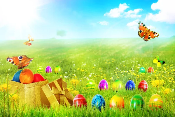 Yumurtalı Paskalya Kompozisyonu Şenlik Dekorasyonu Mutlu Paskalyalar — Stok fotoğraf