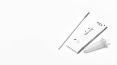 Covid hızlı antijen burun testi. Evde ya da Corona test istasyonunda kendini test et. 3d illüstrasyon