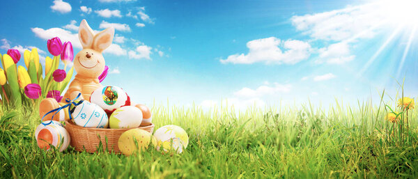 Easter composition with eggs. Festive decoration. Happy Easter.