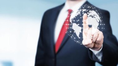 Üç boyutlu animasyondaki teknolojik toprak küreselleşmesi. Dönen gezegende Global Business noktaları.