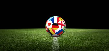 Futbol stadyumu, parlak ışıklar, saha manzarası. Futbol konsepti