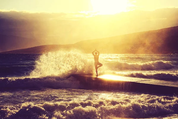 自由の概念を感じる 大きな波で海に面した桟橋に立つ男 — ストック写真