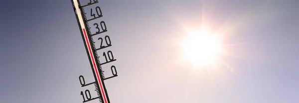 Termometro Mercurio Calore Estivo Riscaldamento Globale Concetto Cambiamento Climatico — Foto Stock