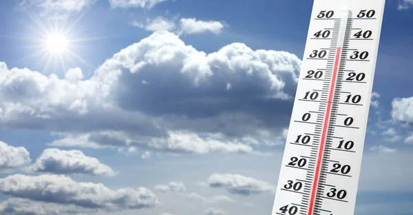 Termómetro Mercúrio Calor Verão Conceito Mudança Climática Aquecimento Global — Fotografia de Stock