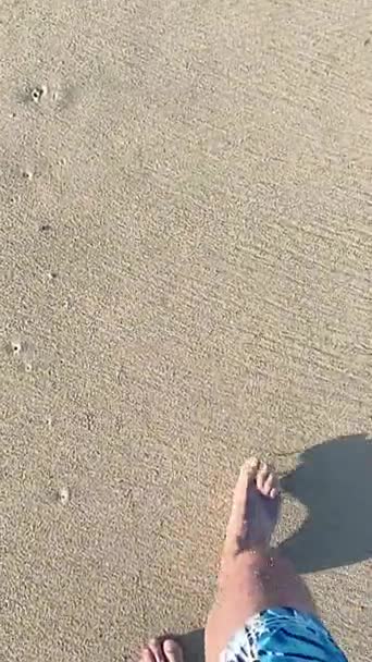 Close Adult Male Walking Beautiful Beach Sunset Male Feet Walking — Stock Video