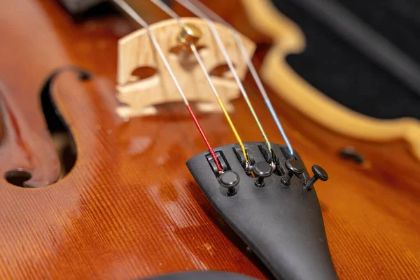 orchestral musical instrument viola. Instrument in the foreground detail of the strings and tuners of a viola. Selective focus