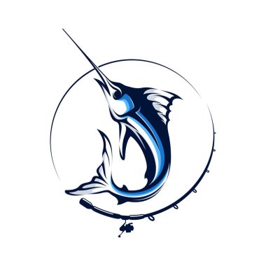 Marlin Balıkçılık Turnuvası logo şablonu. Marlin Balık Sıçrayan Resim Logosu tasarım vektörü