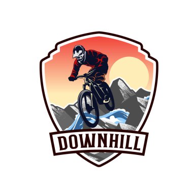Dağ bisikleti logosu tasarımı. Yokuş aşağı aşırı motorcu vintage logo illüstrasyon vektör şablonu