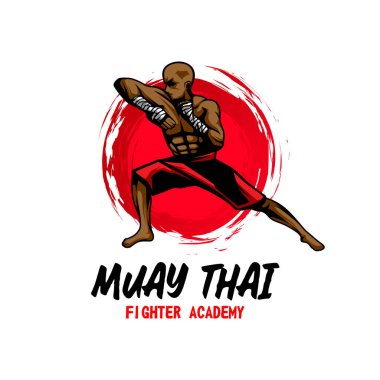 Muay Thai Boks dövüş sanatları logosu tasarımı. Muay Thai Fighter Illustration vektörü