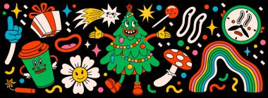 Mutlu Noeller ve modaya uygun eski çizgi film karakterleri paketleri. Noel ağacı, gökkuşağı, papatya çiçeği ve kış nesneleri olan havalı hippi etiketleri. Vektör Çizgi Karakterleri