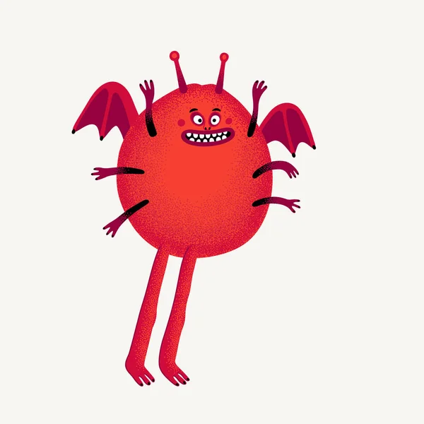 Roztomilé Kreslené Vektorové Monstrum Red Monster Postava Křídly Stipple Textury — Stockový vektor